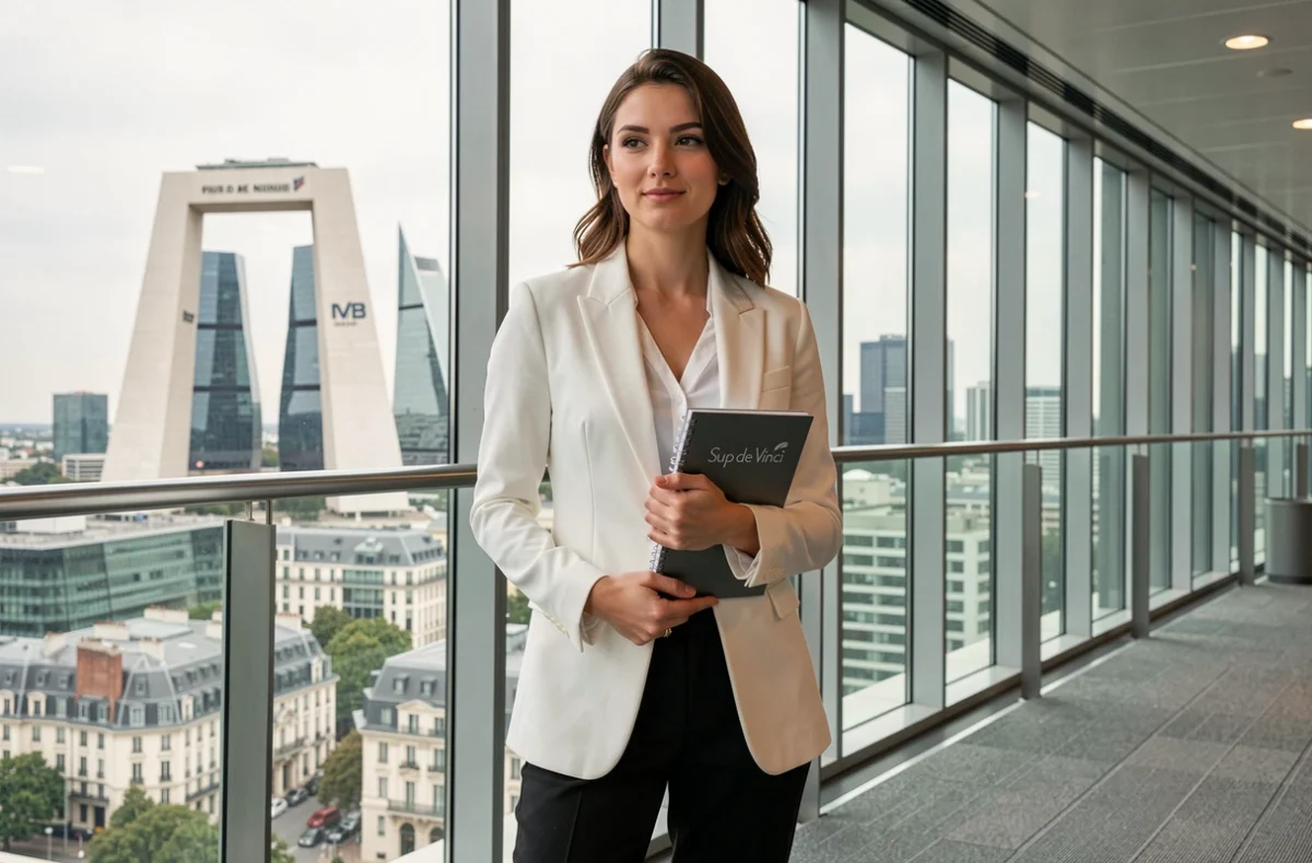 Étudiante en alternance devant le campus Sup de Vinci à La Défense avec la Grande Arche en arrière-plan