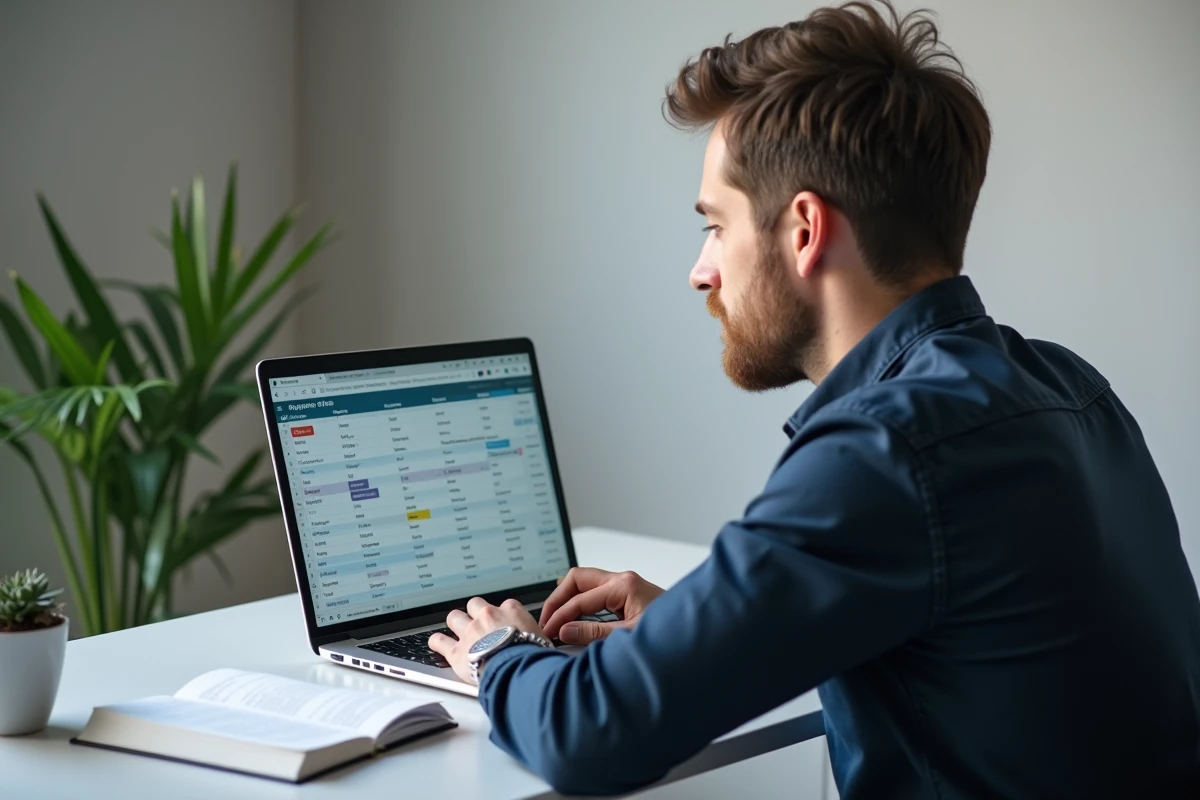 Homme créant un tableau de déclinaison allemand sur ordinateur portable avec un tableur coloré dans un bureau moderne