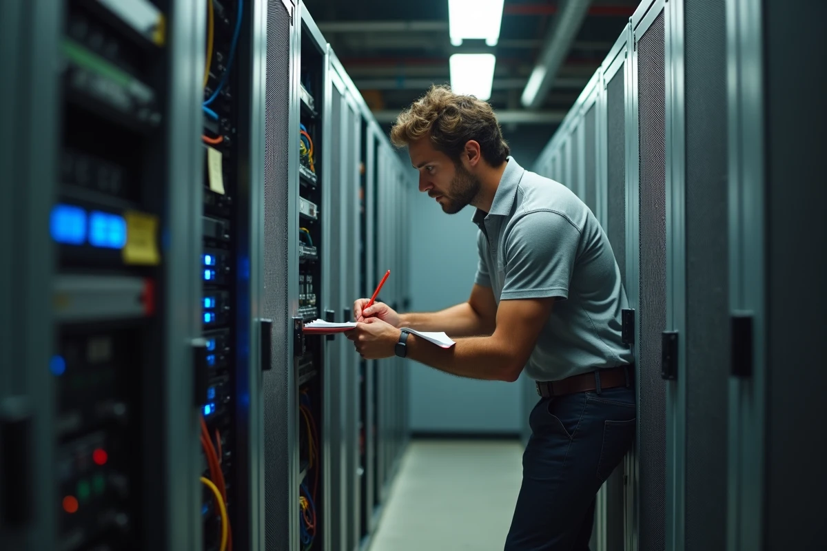 Technicien informatique vérifiant la sécurité du réseau et des données dans la salle serveur d'un collège