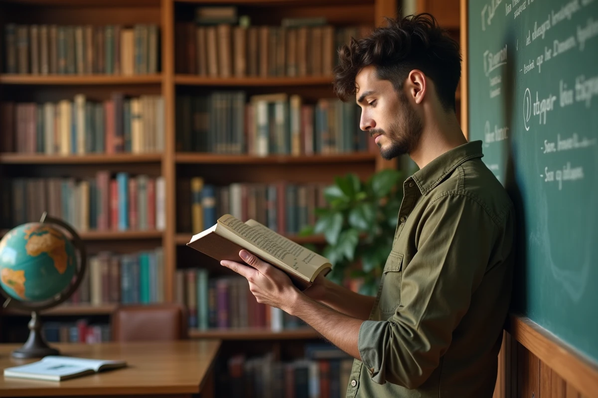 Traducteur professionnel consultant des dictionnaires multilingues dans un bureau universitaire