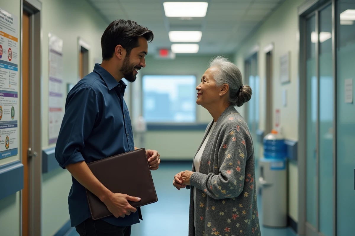 Travailleur social et personne âgée d'origines culturelles différentes en échange bienveillant dans un couloir de service social